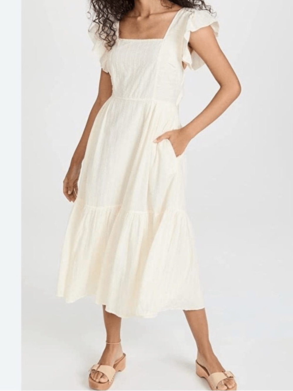 Madewell Ivory Square-Neck Ruffle Sleeve Midi Dress